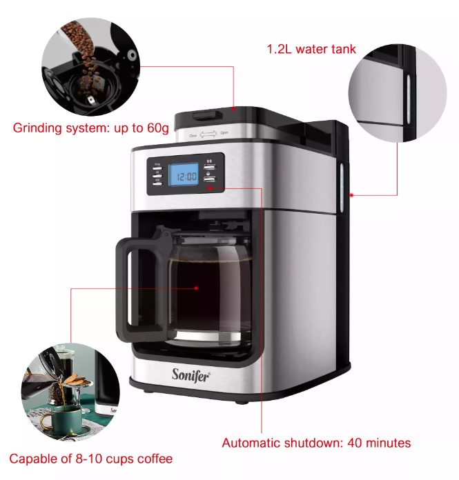 (coffee maker) ماكينة تحضير القهوة ديجيتال بمطحنة 2*1 SF-3541 - الصورة 5